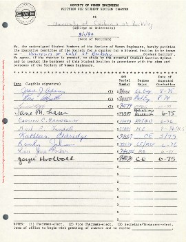 Petition for SWE section chartered at Berkeley on March 1, 1974