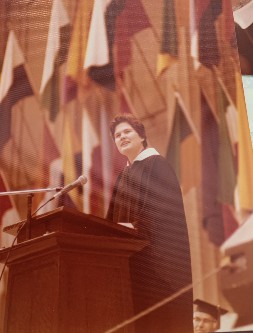 Photo: Keith Gockel  Constance Lütolf-Carroll gave the student graduation speech at Berkeley’s Greek Theatre for the College of Engineering commencement in June 1977.