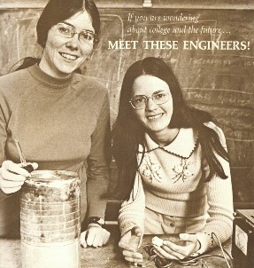 Women engineering students in the early 1970s at Berkeley, Patricia Delvac Daniels (left) and Gail Kendall (right) from MEET THESE ENGINEERS brochure by the College of Engineering